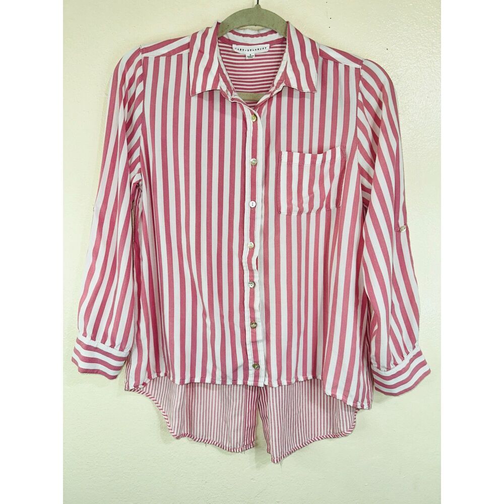 Jane & Delancey Women's Red Striped Asymmetrical Hem Blouse Size M Back Buttons
